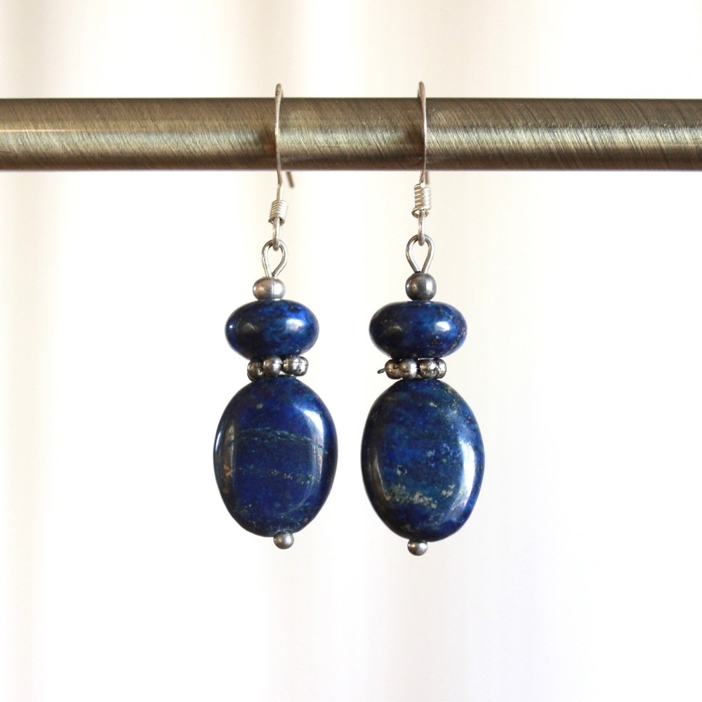 Lapis Lazuli Gemstone Dangle‎ Earrings Blue Oval Bead Boho Artisan Silver Tone